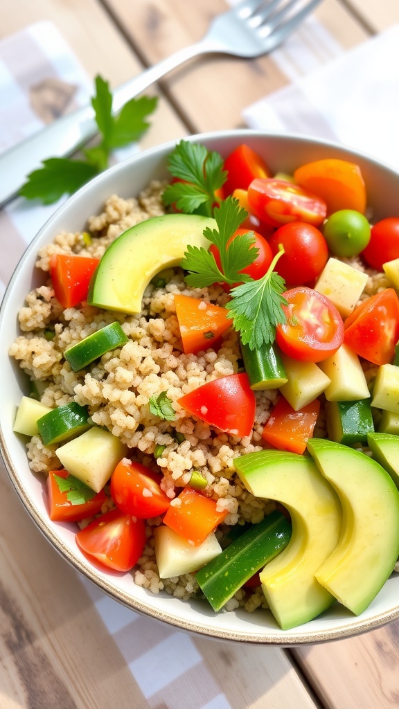 A colorful bowl of quinoa salad with avocado, tomatoes, cucumber, and bell pepper, garnished with cilantro.